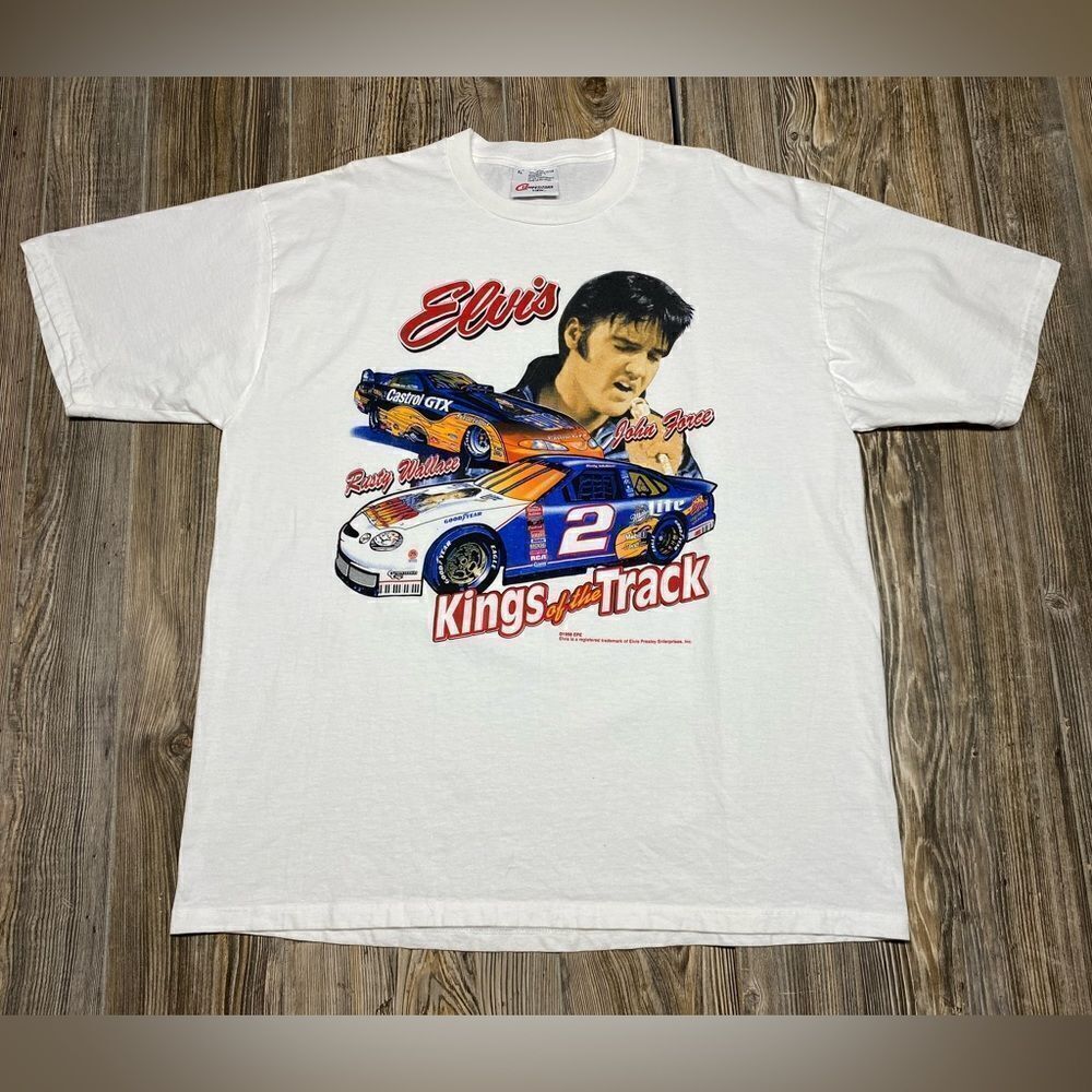 NWOT Vtg 90s Nascar ELVIS Rusty Wallace John Force "TRACK KINGS" T Shirt XL 98’